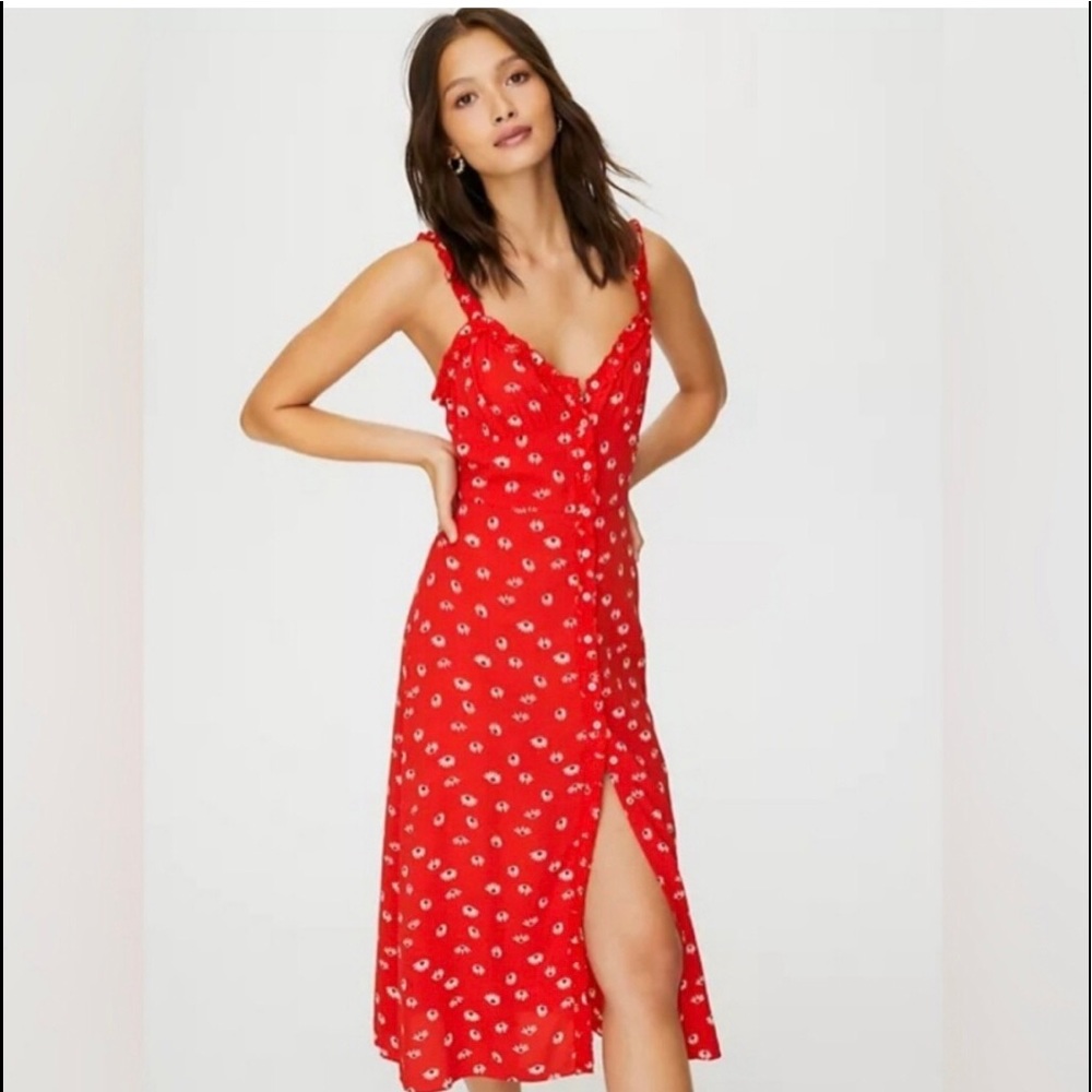 WILFRED Heartthrob Dress Flame Red/ Espace Midi Button front 00 Aritzia NWT